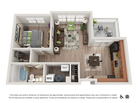 Floor plan for 1 bed, 1 bath, 648 sqft